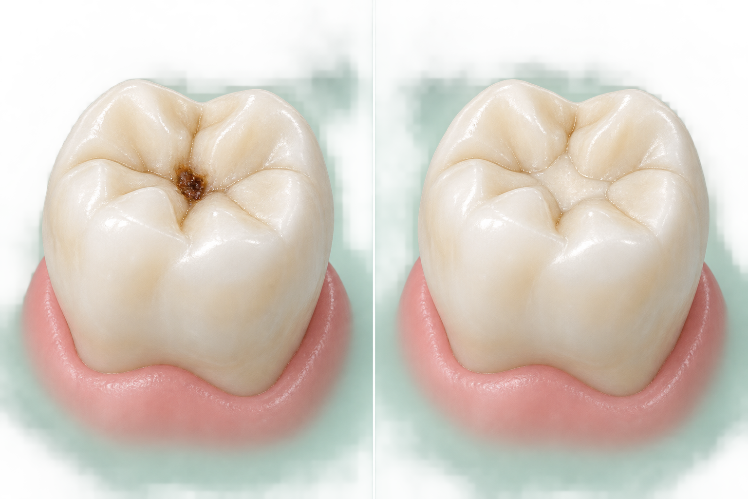 Restauración de una caries en una muela adulta: antes, ilustración orientativa