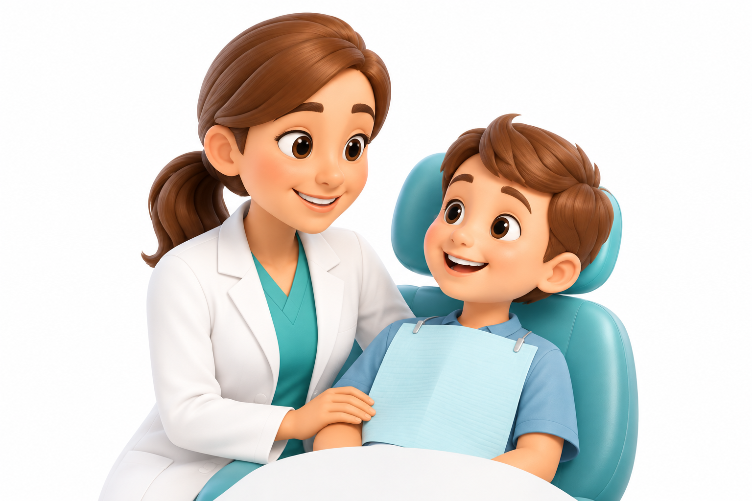 Ilustración de una dentista acompañando a un niño sonriente