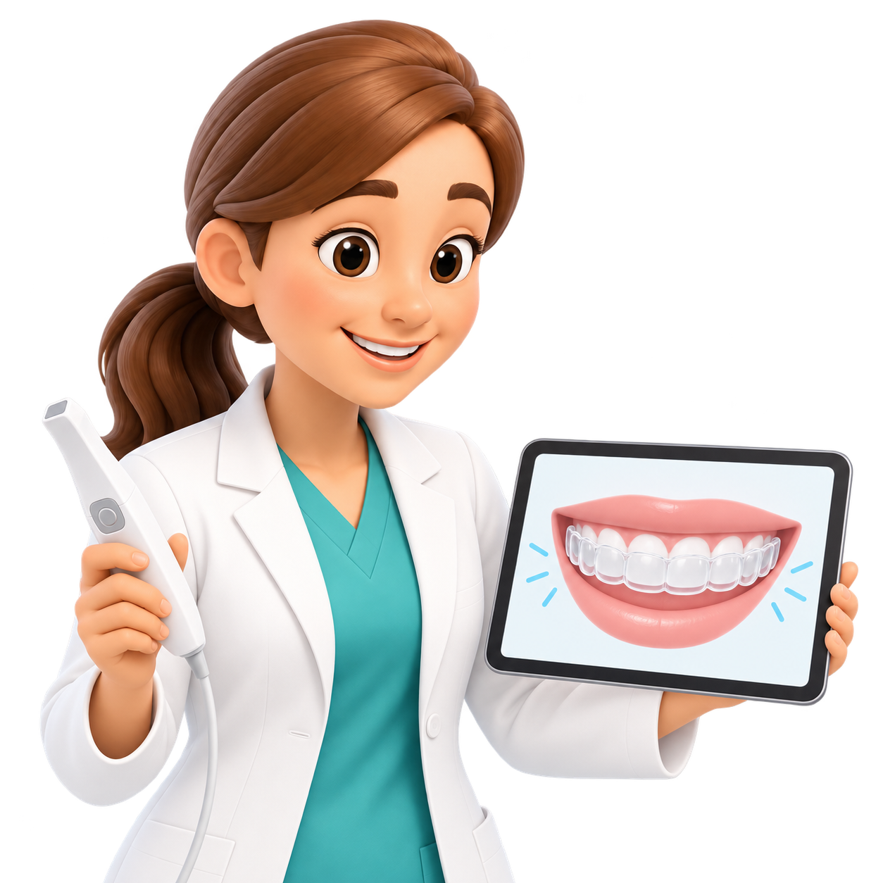 Dentista ilustrada en 3D con un escáner intraoral y una pantalla que muestra alineadores transparentes