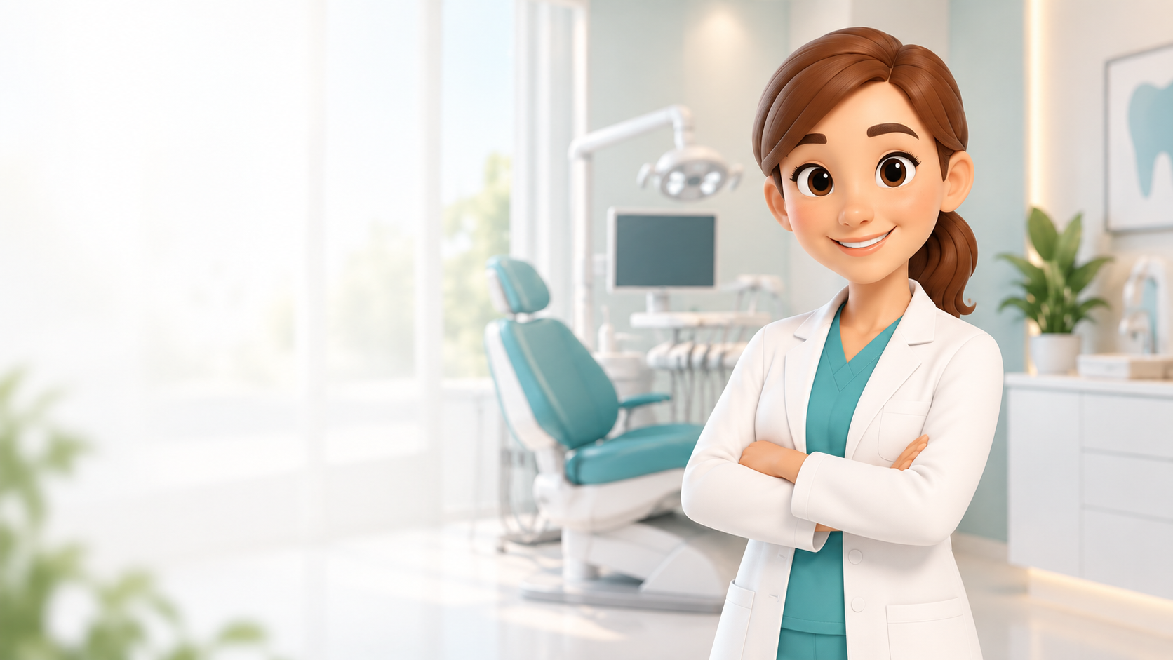 Personaje ilustrado de una dentista con bata blanca en una consulta luminosa